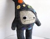 Gray and Rainbow Dot Strange Foo - Recycled Wool Plush Toy