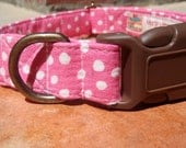 The Avery - Organic Cotton MEDIUM Dog Collar Hot Pink White Polka Dot - All Antique Brass Hardware