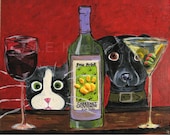 Cat and Dog Art - Cat and Dog with Red Wine and Martini -  8x10 Print