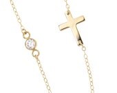 Sideways Cross Necklace With CZ, Cubic Zirconia - As Seen On Kelly Ripa - 14K Gold Filled