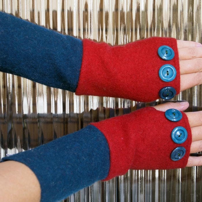 Wool Arm Warmers Felted Sweater Repurposed Fingerless Gloves Mittens- Blue and Red with Buttons
