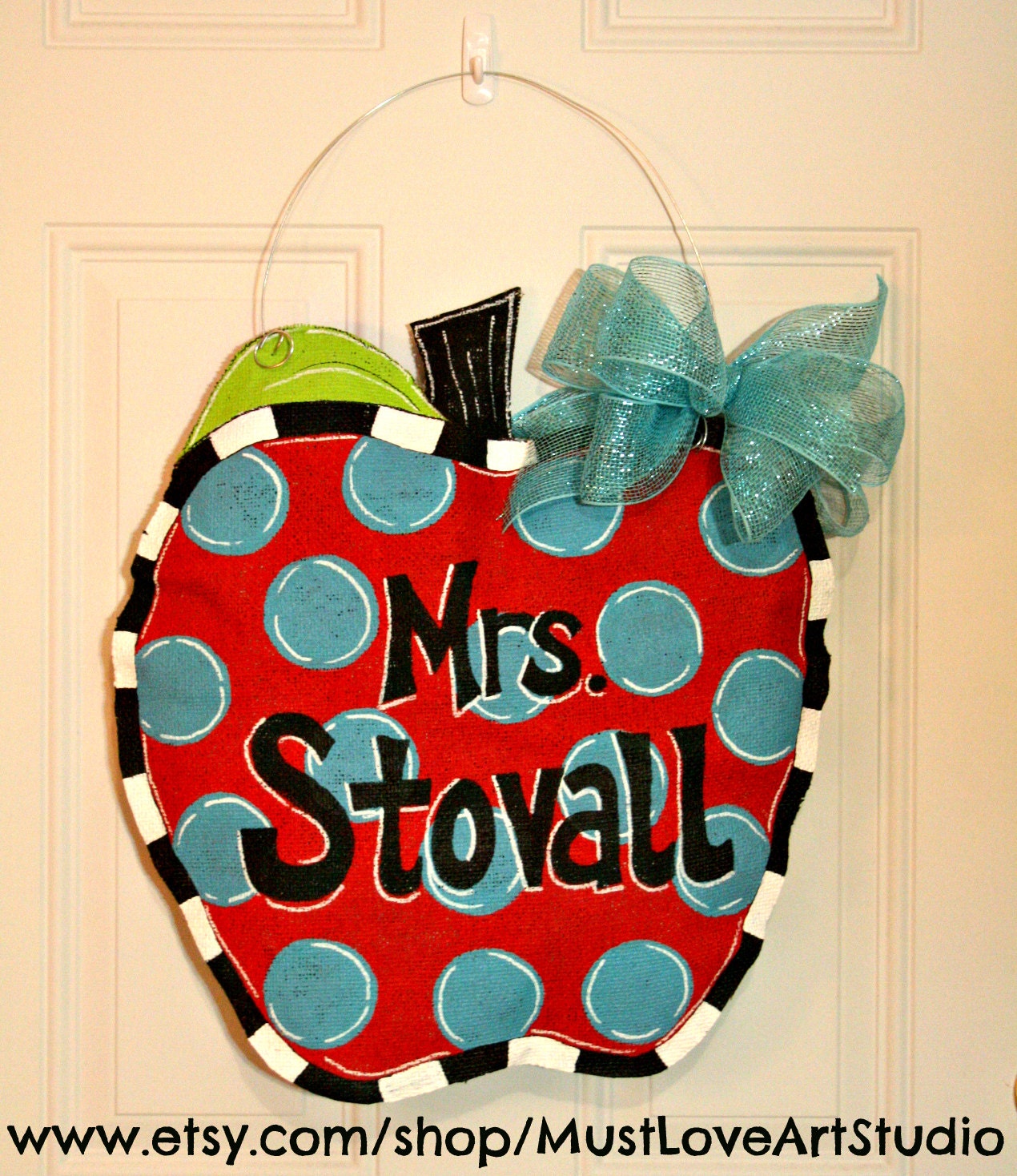 Teacher Apple Burlap Door Hanger Decoration HUGE - Polka Dots Back to School