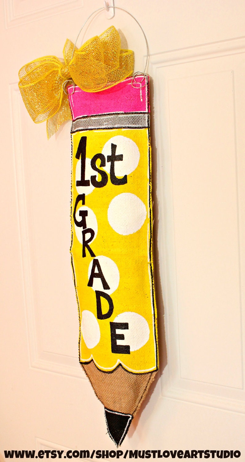 Teacher Appreciation Pencil Burlap Door Hanger Decoration HUGE - Polka Dots Back to School Vertical