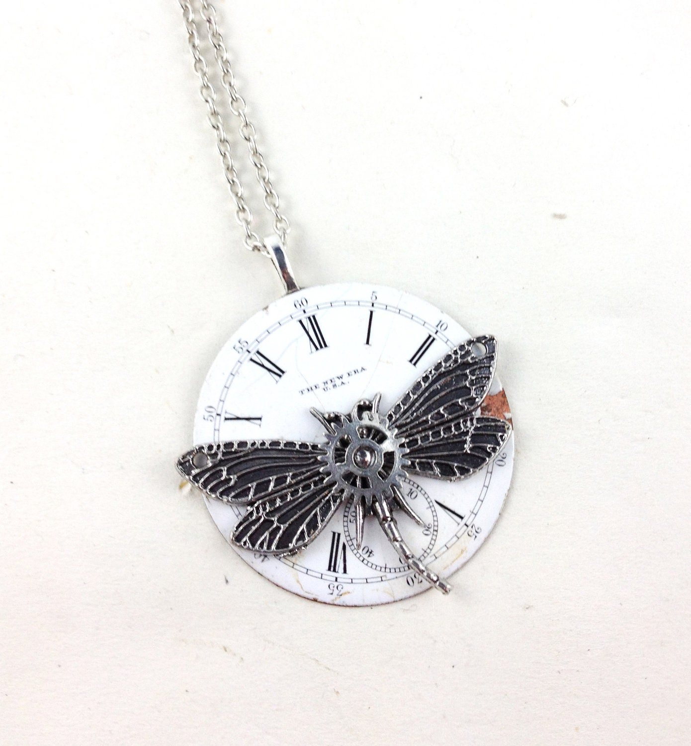 Necklace - Steampunk Vintage Enamel Dial Dragonfly Pendant