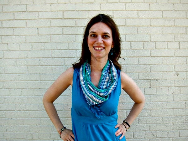 fiona circle scarf (aqua/black/beige/periwinkle stripes with aqua crochet trim)
