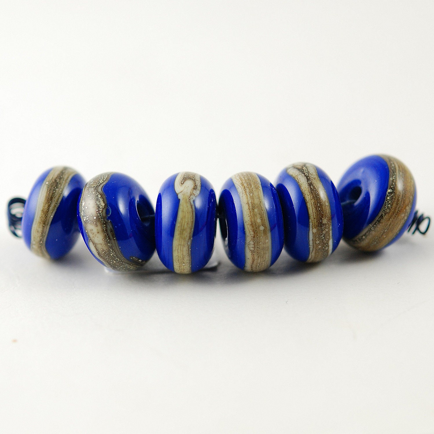 Blue and Silvered Ivory Handmade Lampwork Bead Set