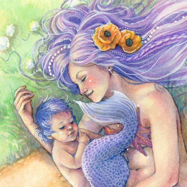 Mother and Baby Mermaid Art Print - Beach with Seashells and Flowers - Mother's Day Art - Nursery Wall Decor - sarambutcher