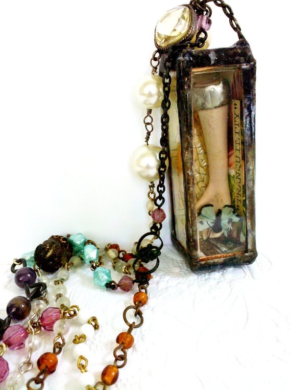 Reliquary Garden Shrine Necklace, Rosary Shadowbox, Vintage Bead Chain, Original Collage Art Necklace -- The Butterfly Garden