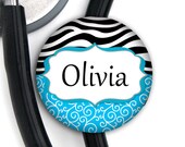 Stethoscope ID Tag - Personalized Name - Black Zebra, Blue Swirl