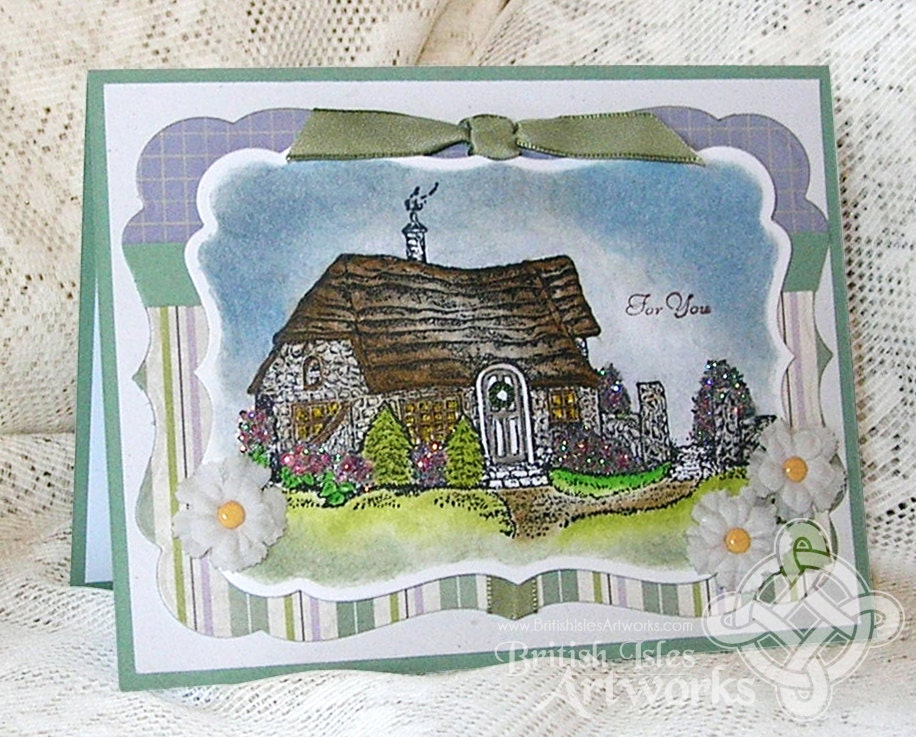 English Cottage greeting card, hand colored, Sage green, Blue, Yellow, Pink, Shimmery, glitter, House with Thatched Roof