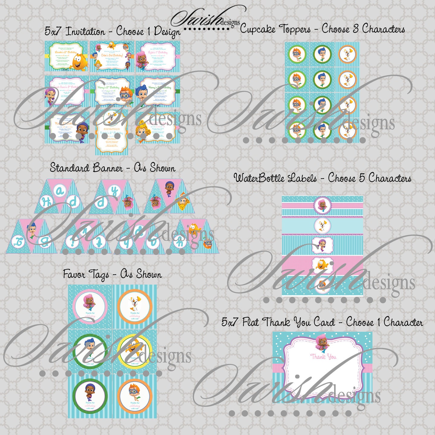 Bubble Guppies - Printable Birthday Party - Printable DIY  Includes 5x7 invite, favor tags, cupcake toppers, water bottle labels and more