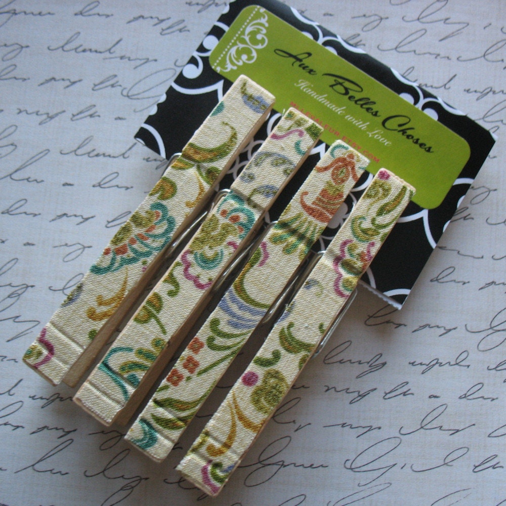 Multicolor Floral Fabric Covered Clothespin Magnets - Set of 4