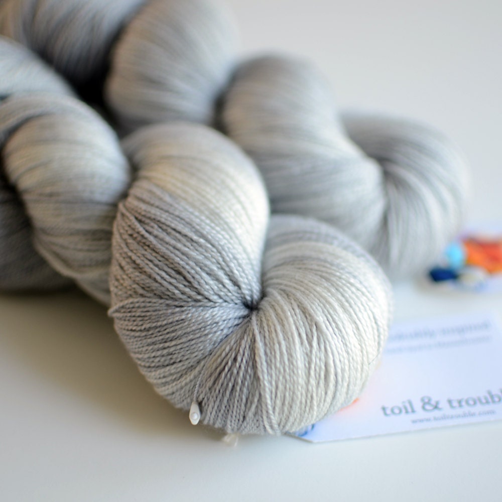 Hand Dyed Lace Yarn - 875 Yards Superfine Merino and Silk - Smoke Signals in Light Silver Gray