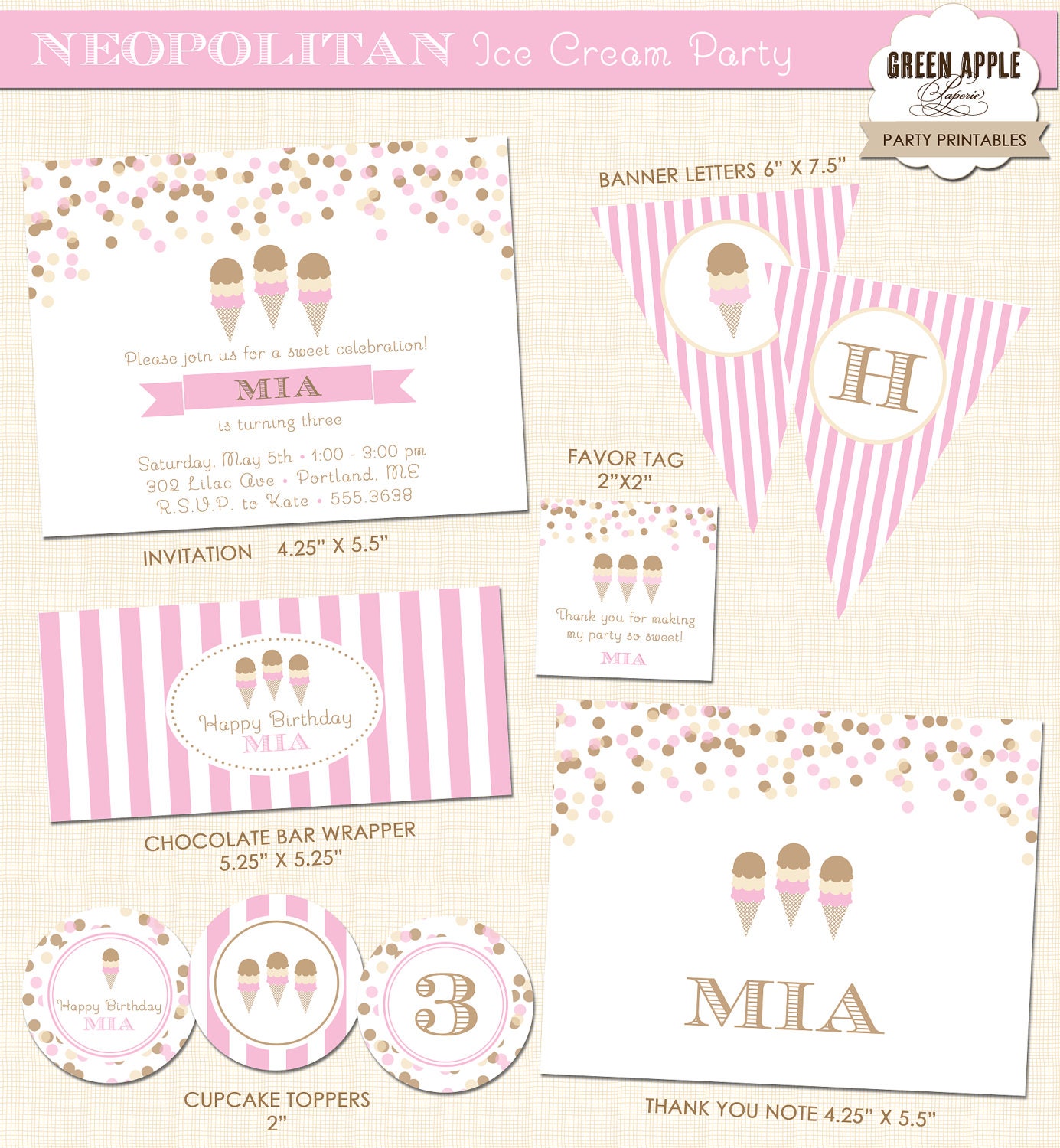 Neopolitan Ice Cream Birthday Party - PRINTABLE ONLY - Banner, Toppers, Tags, Invitation and more Il_570xn