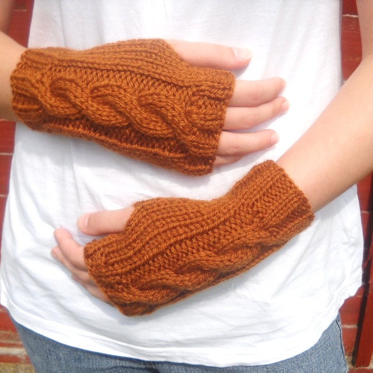 Caramel Wrist Warmers Cable Knit fingerless gloves fingerless mittens nutmeg uketsypromo0313