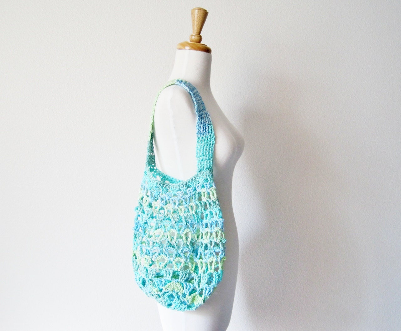 Farmer's Market Bag in Neon Blue and Green Boho Garden Tote Vintage Inspired Design - Medium