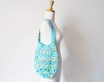 Farmer's Market Bag in Neon Blue and Green Boho Garden Tote Vintage Inspired Design - Medium