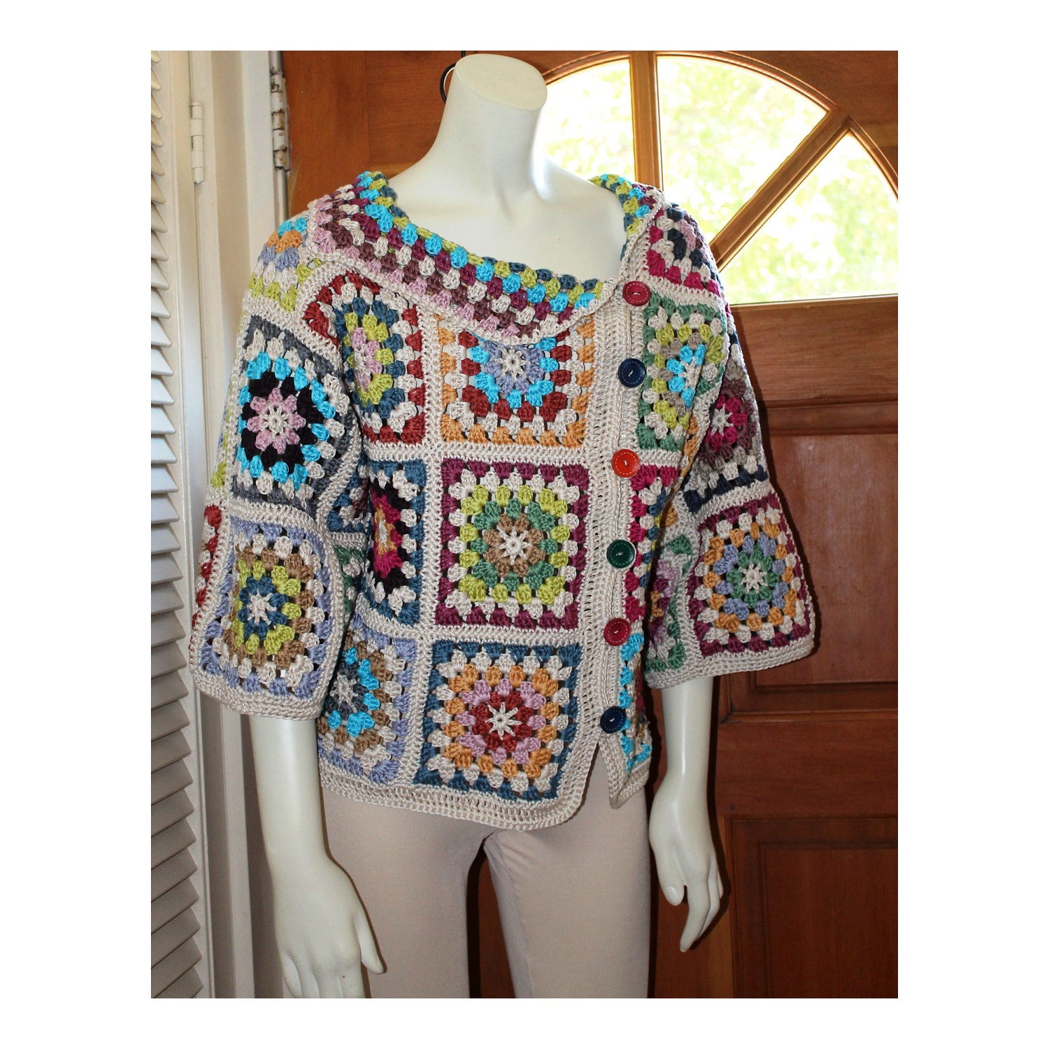 Crochet Asymmetrical Sweater - Custom Sizes 0 to 18 - Cotton Granny Square Colorful Design Sweater by Annie Briggs 'Shonda'