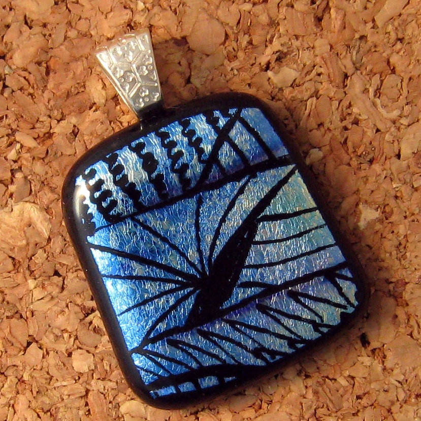 Etched Dichroic Pendant, Fused Glass Pendant, Blue Dichroic Pendant