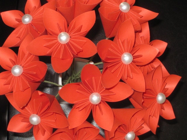 12 Origami Kusudama Flowers Red Color with glass vase