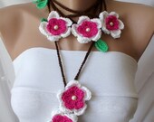 Handmade Crochet Colorful White, Fuschia and green, brown  Flower Lariat, Scarf, Necklace with glass pearl