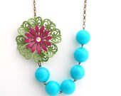 Asymmetrical Green and Pink Enamel Flower Necklace
