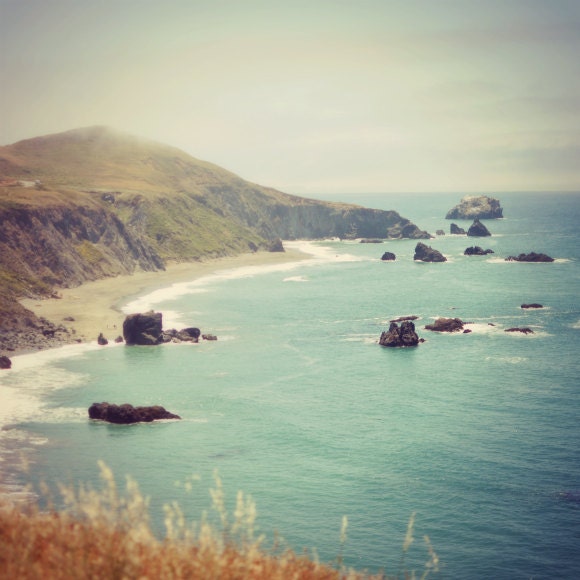 Ocean photography - Landscape beach coast sea shore decor aqua brown earthy rustic decor photography print 8x8 - Mountains Meet the Sea
