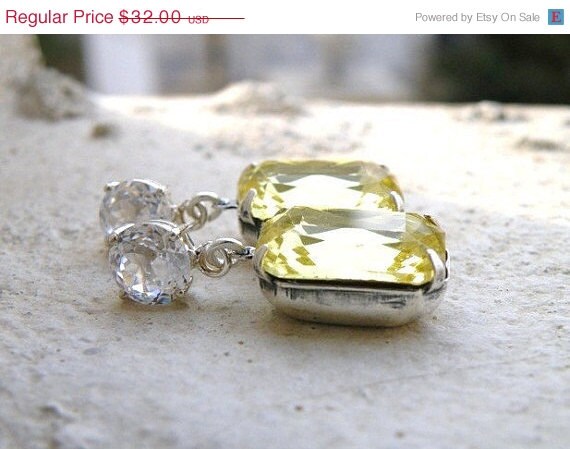15% Off Sale Bridal Earrings Pastel Yellow Foiled Octagon Stone Rhinestone Silver Stud Bella EV1 Vintage Inspired Estate Style Wedding Jewe