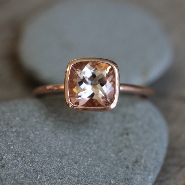 Morganite Ring in 14k Rose Gold Ring, Cushion Cut  and Highly Polished
