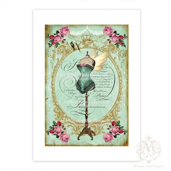 Mannequin, Dress form, Art Print, Collage, French Corset, Pink Roses, Shabby Chic, Typography, Gicleee
