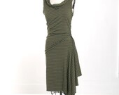 Cowl Neck Olive Stripe Asymmetric Drape Bustle Dress