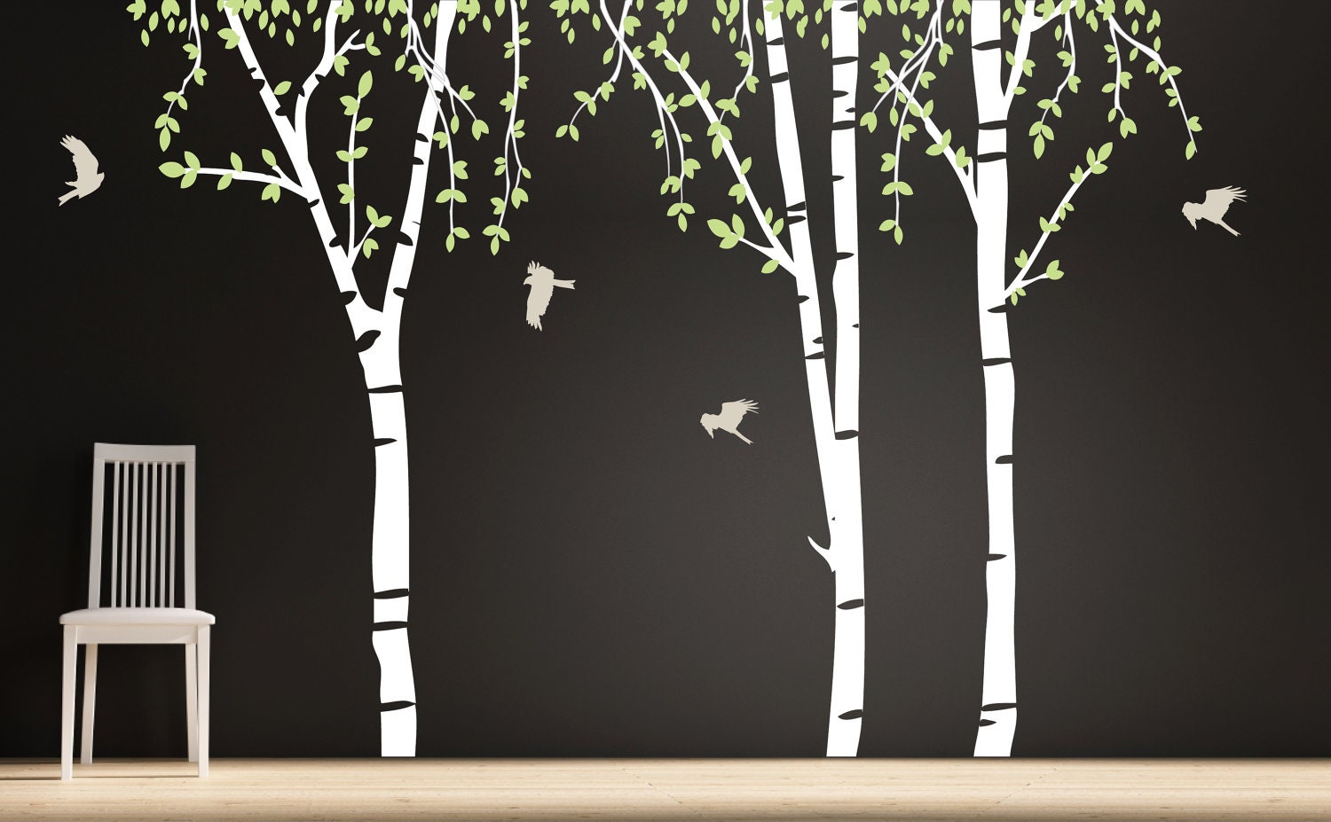 Birch Trees with Birds Wall Decal Sticker - Tall Ceiling Trees with Leaves and Flying Birds - Vinyl Wall Decor - HT123