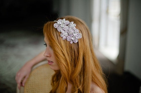 Dramatic Bridal Headband with Swarovski Rhinestone Flowers and Pearls by Fine & Fleurie