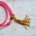 studded pink neon genuine leather & gold double wrap bracelet with gold tassel