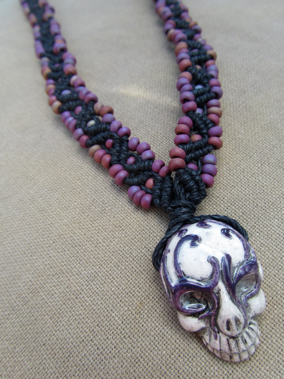 Painted Skull with Glass Hemp Macrame Necklace - Natural Hippie Bohemian