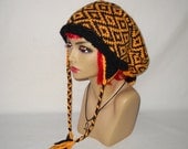 Black and Gold Diamond Jubiliee Hand Knit Slouchy Hat with Earflaps