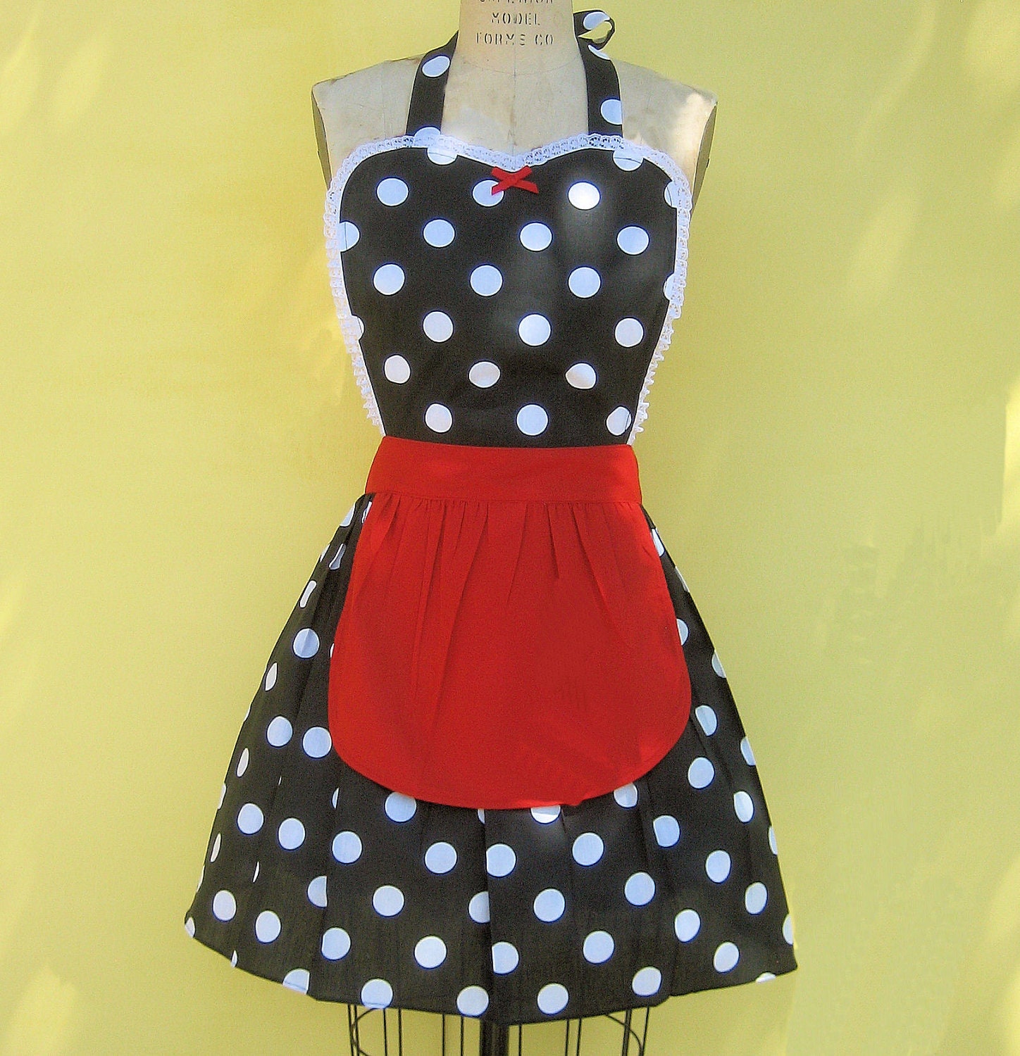 retro apron ...... French Maid black polka dot apron with red  fifties details sexy hostess gift vintage inspired womens full apron