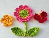 Crochet Flowers with leaves - stem - butterfly - Crochet Garden