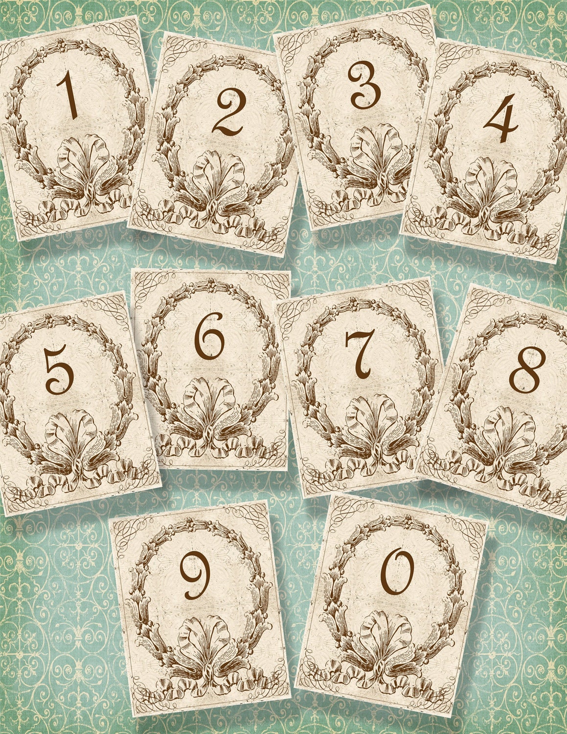 Set of 10, 4x5 Vintage and Shabby Digital Wedding Sepia Brown Table Numbers