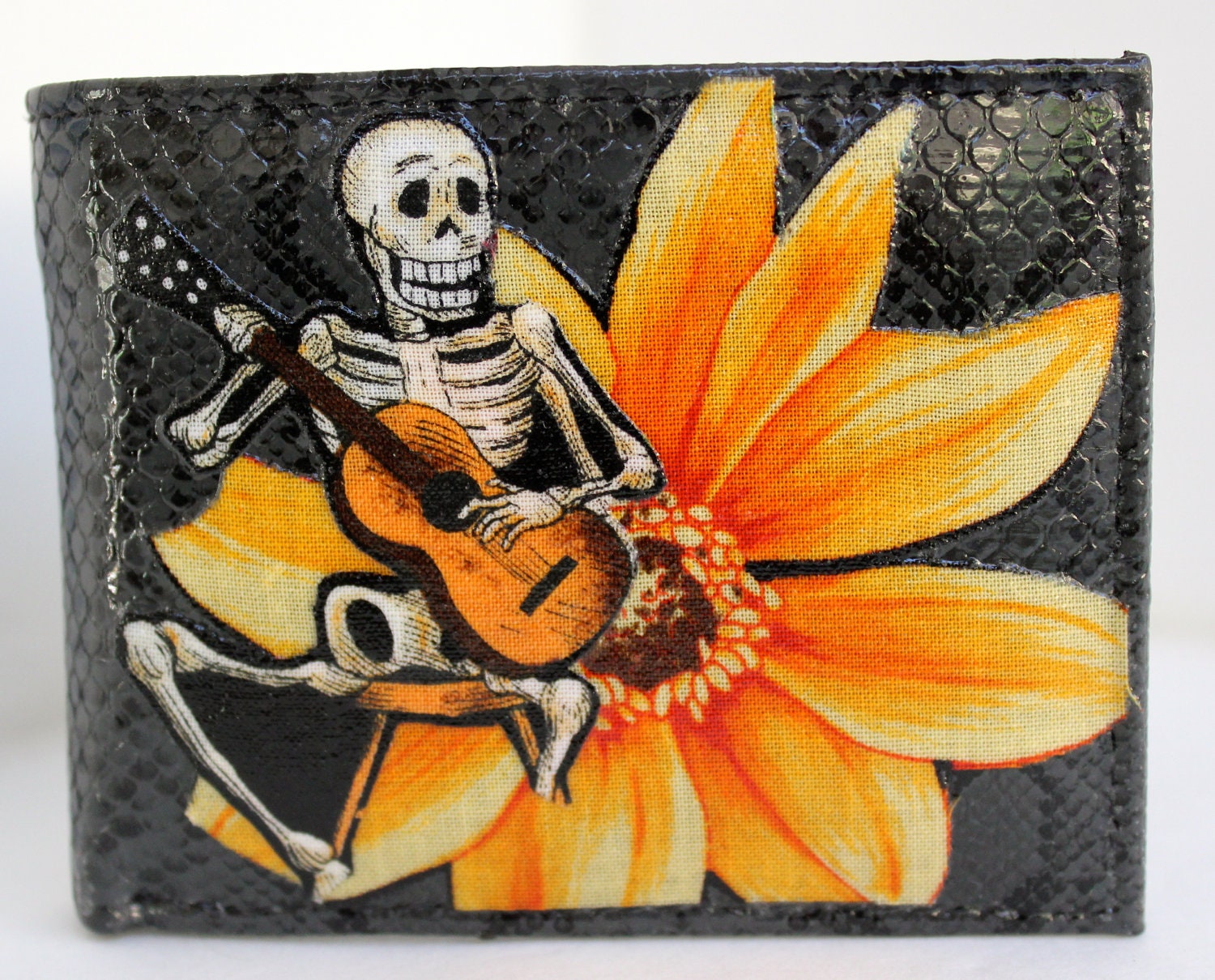 Grey Leather Bifold WALLET Day of the Dead Dia De Los Muertos SKELETON Guitar Musician