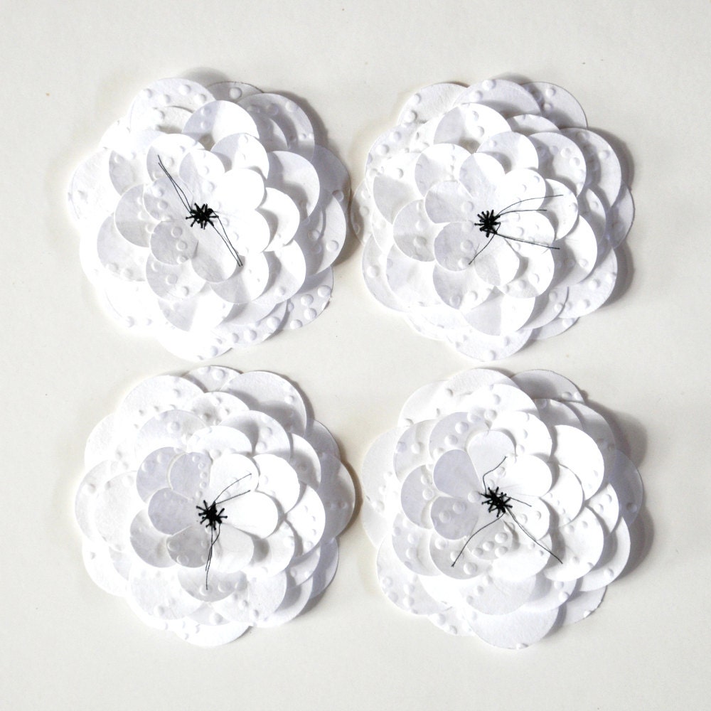 4 White Paper Flower Adornments Stitched Embossed