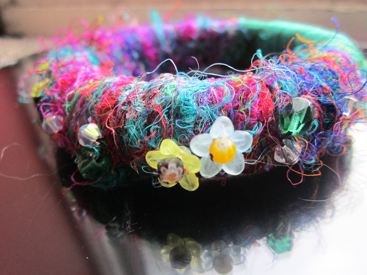 Fabric and sari silk wrapped bracelet or bangle with beaded accents: In The Garden