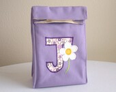 Kids Lunch Bag - Eco Friendly, Organic Cotton - Purple Flowers for Girls - Back to School