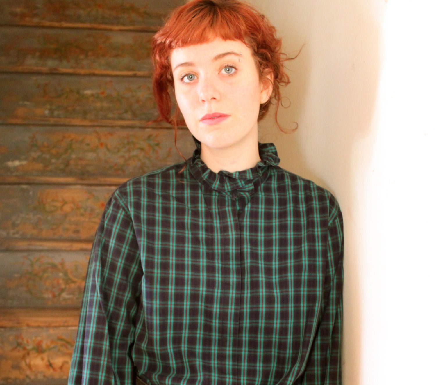 vintage plaid shirt. Large. Ruffle collar, long sleeve. Navy, emerald green. 1980s prairie blouse. Preppy Victorian / the CABIN COOK blouse