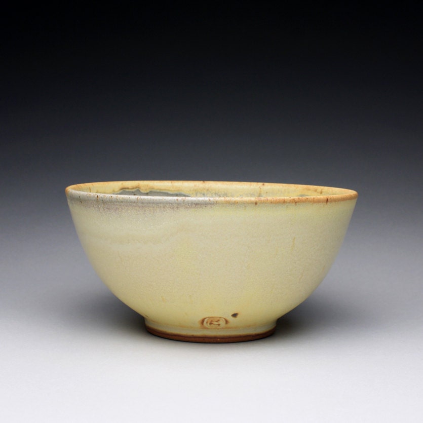 handmade serving bowl, pottery bowl with satin yellow and green celadon glazes