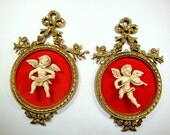 Pair Vintage Cherub Wall Hangins, Gold Frame, Red, Norleans, Made In Italy  (385-13)