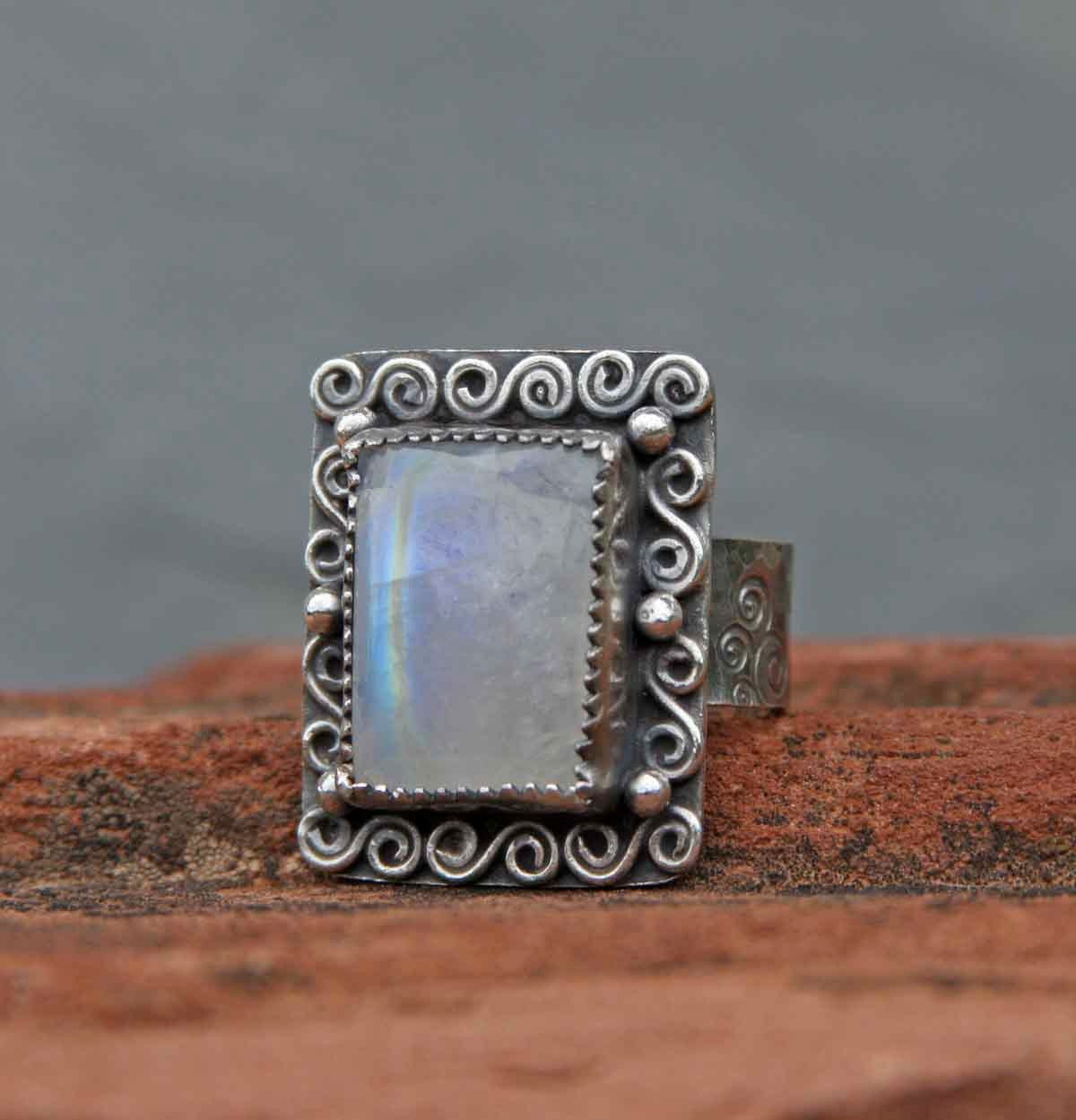 Size 6.5 Sterling Silver Rainbow Moonstone Cocktail Ring