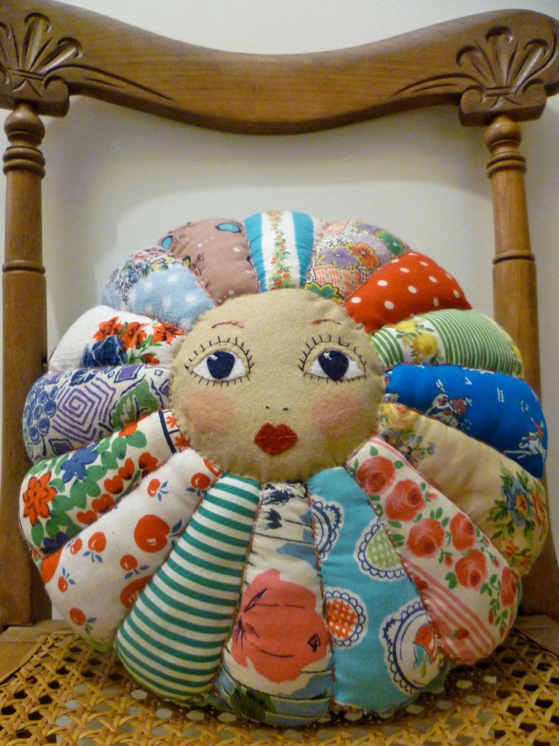Summer Flower Doll Face - Vintage Cottons Patchwork Cushion Pillow