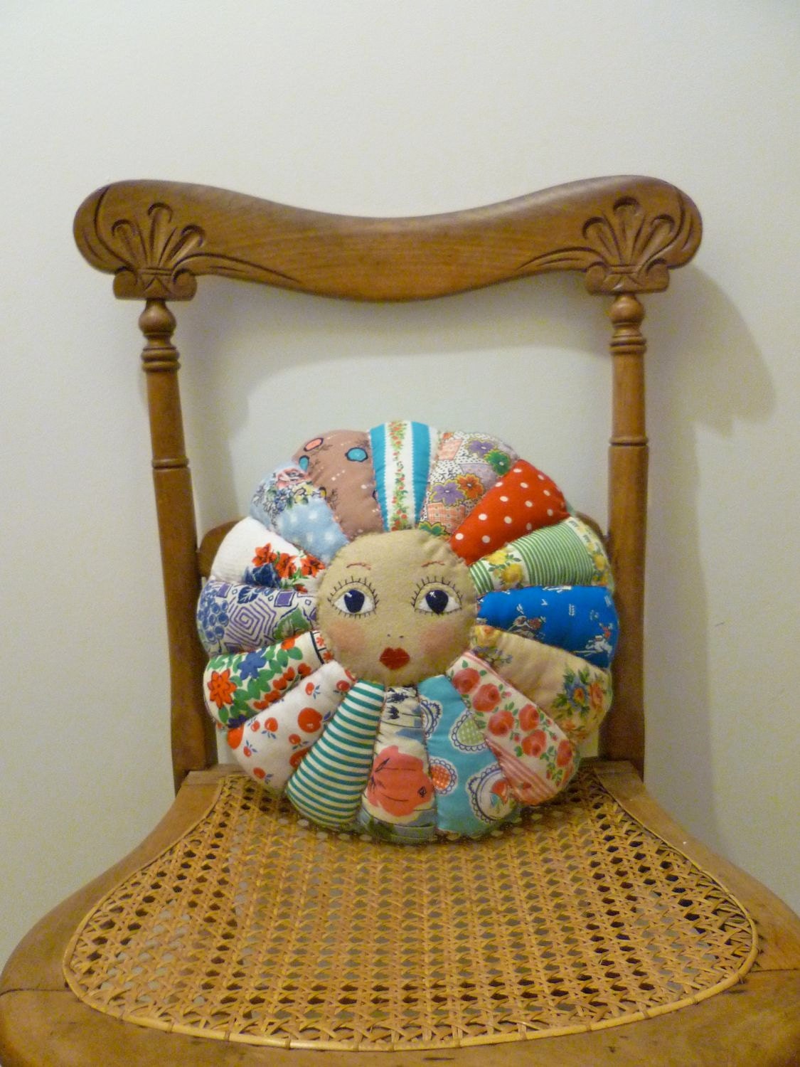 Summer Flower Doll Face - Vintage Cottons Patchwork Cushion Pillow