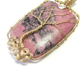 Moon Rising Tree of Life Necklace, Rhodonite Pendant, Wire Wrapped Necklace, Stone Jewelry